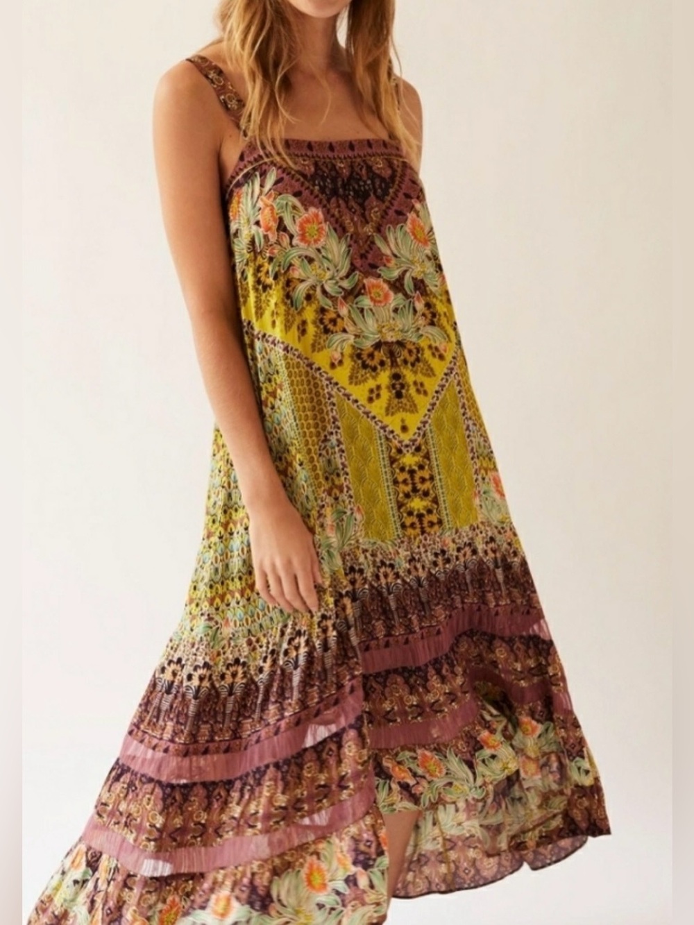 Anthropologie Lovett Tiered Dress, Yellow / Green / Purple, Women’s Large
